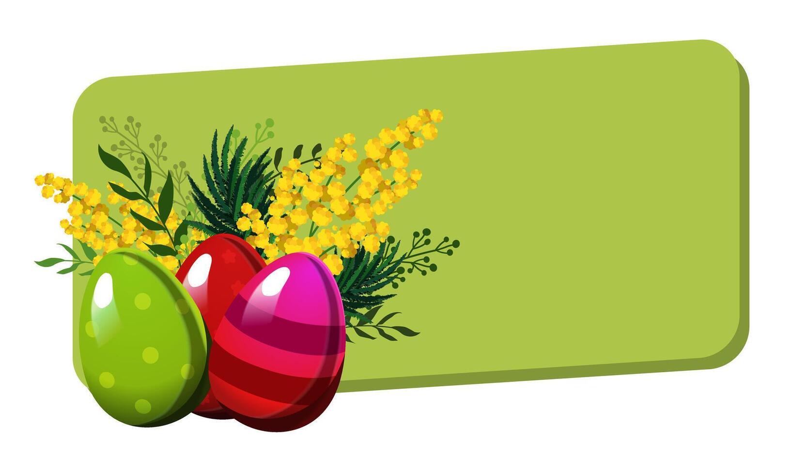 Pasen rechthoekig groen kader met rood en groen eieren en met bladeren, mimosa en tulpen. vector illustratie in vlak stijl. voorjaar clip art voor woorden, tekst, ontwerp van kaart, banier, folder, poster