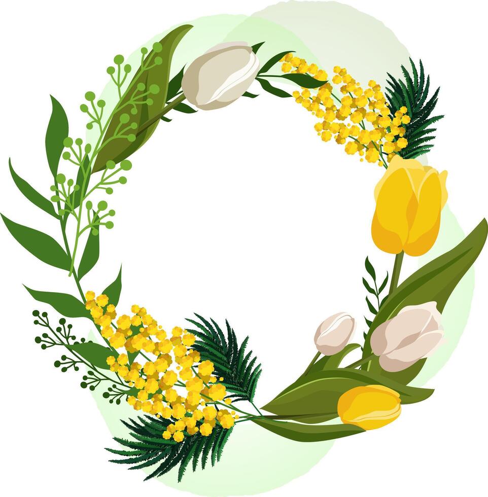 voorjaar ronde kader met geel wit tulpen en mimosa voor woorden en tekst. vector achtergrond sjabloon met bloemen voor ontwerp, groet kaart, banier, bord, folder, uitverkoop, poster