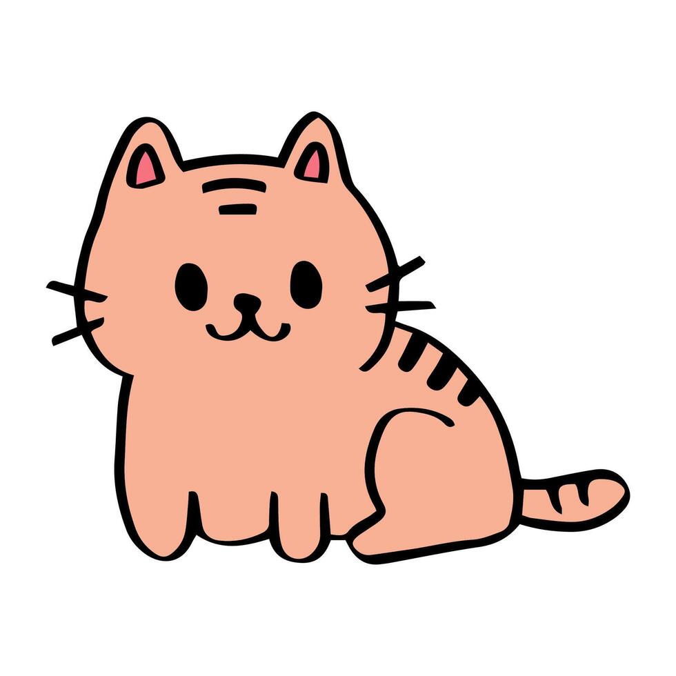 een tekenfilm tekening van een oranje kat glimlachen met een tijger gezicht, zitten. perfect voor kinderen inhoud hand getekend stijl vector