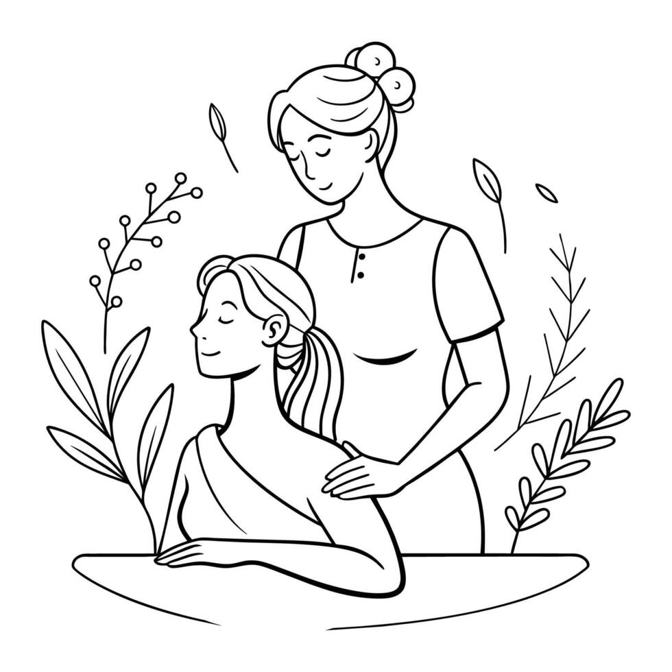 ontspannende vrouw krijgen een massage hand- getrokken doorlopend lijn kunst vector illustratie