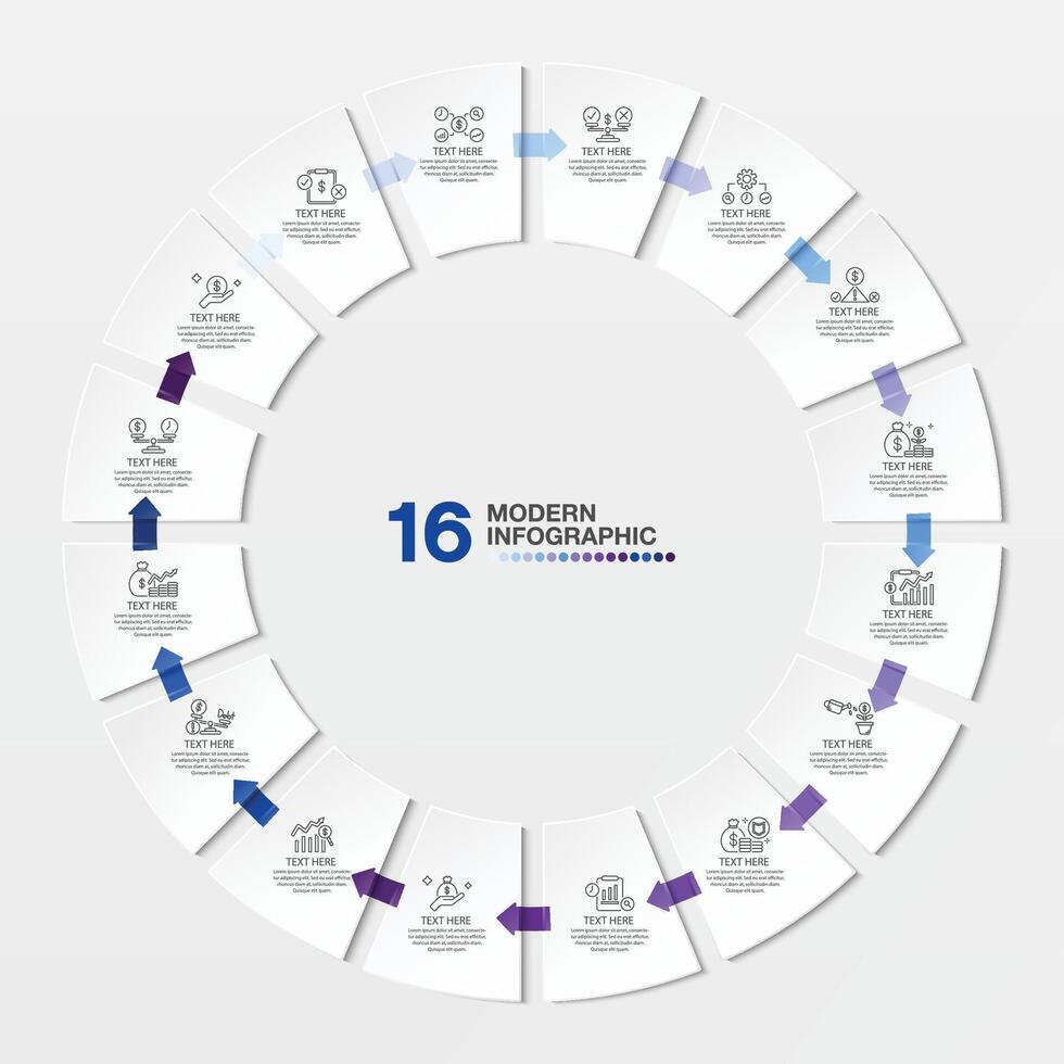 blauw toon cirkel infographic met 16 stappen, werkwijze of opties. vector