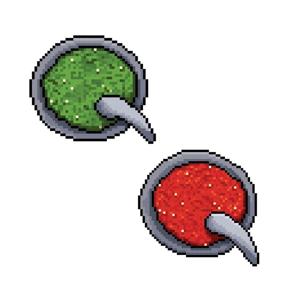 geaard rood en groen Chili of sambal uleg in steen Mortier of ulekan hulpmiddelen. pixel kunst retro wijnoogst video spel beetje vector illustratie reeks bundel verzameling. gemakkelijk vlak tekenfilm kunst gestileerd tekening.