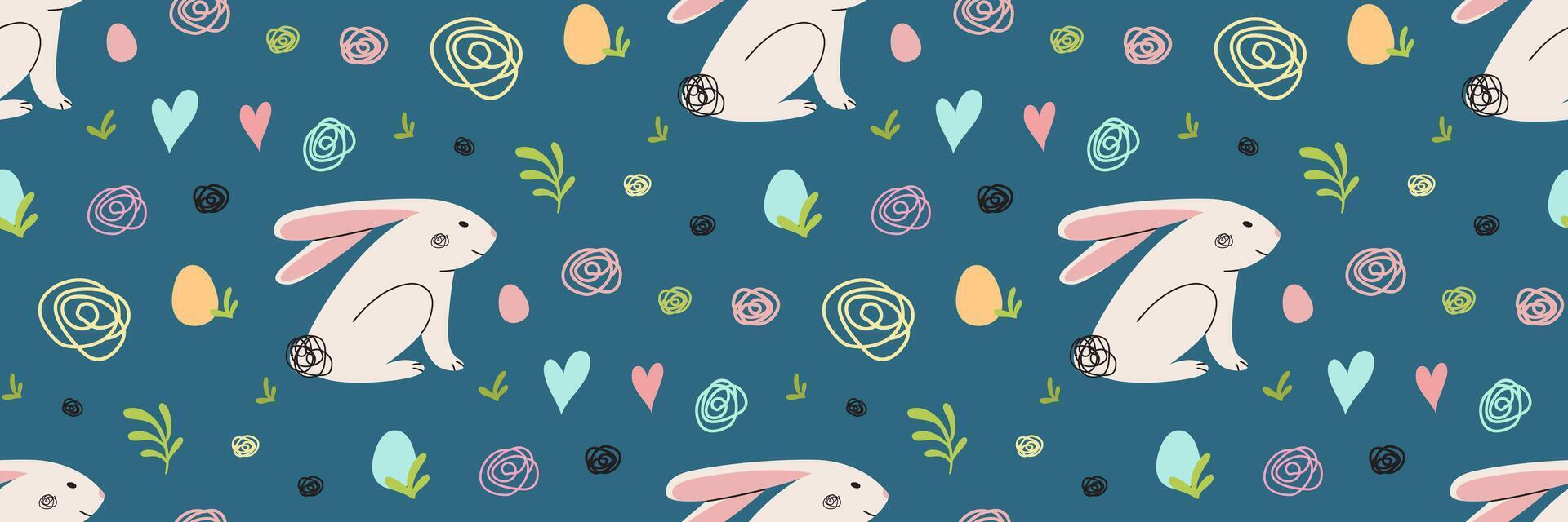 Pasen konijn blauw naadloos patroon. kleurrijk eieren, modern konijntjes, en abstract krabbels, krabbelen. gelukkig Pasen achtergrond. voor groet kaarten, banier, textiel, achtergronden. vector vlak illustratie.