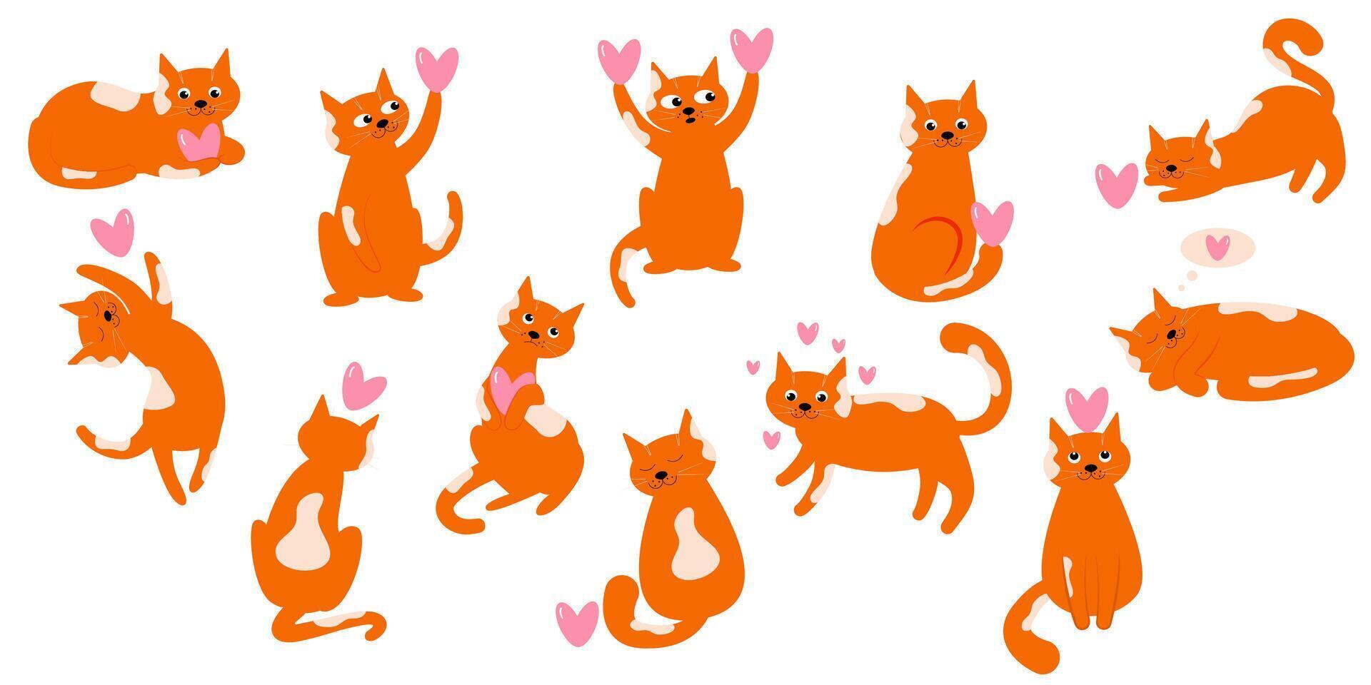 vector schattig gember kat karakter met hart in verschillend poses set, op zoek, slapen, springen, spelen, wandelen, rennen, uitrekken, benieuwd, denken, gelukkig en verdrietig humeur.