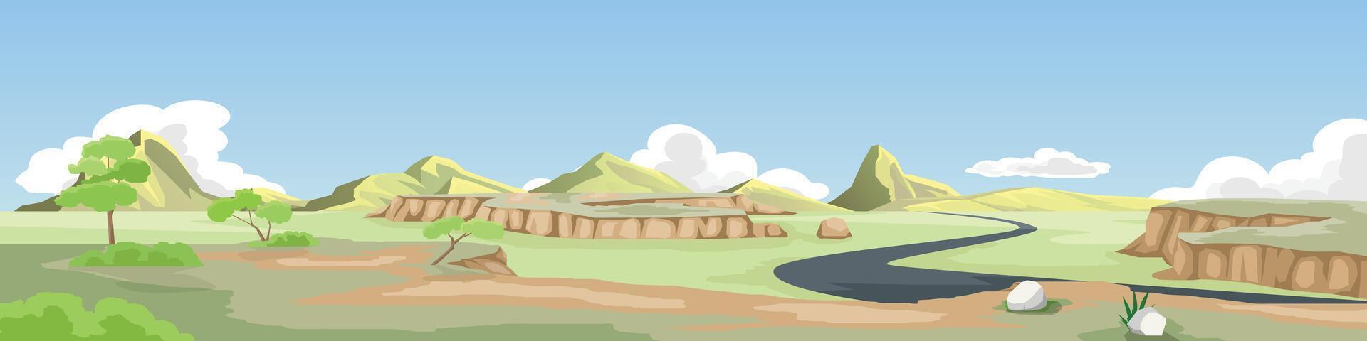 landschap visie van weide met bergen en wolken onder Doorzichtig lucht. route van de ongemarkeerd weg curves terug en weer door de vlaktes. vector illustratie in tekenfilm stijl.