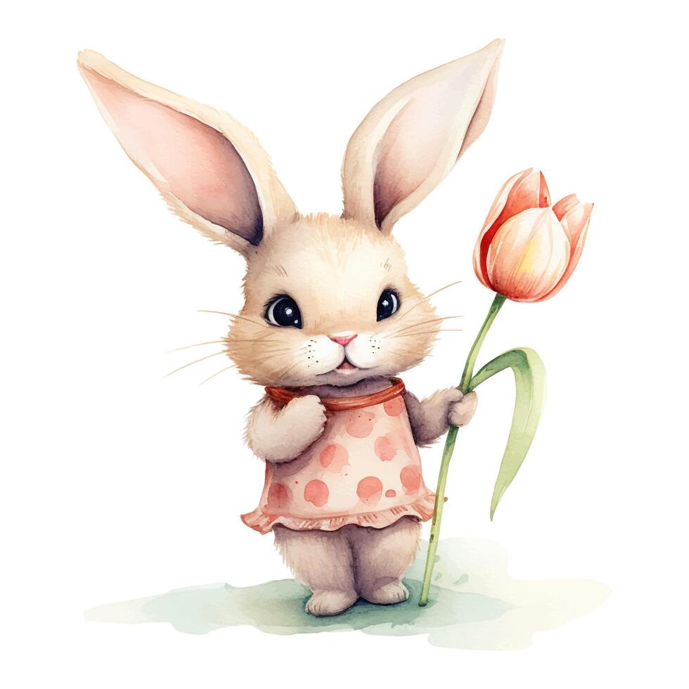 schattig waterverf konijn. Pasen konijn. lente ontwerp met konijn en tulp. groet kaart, poster. vector