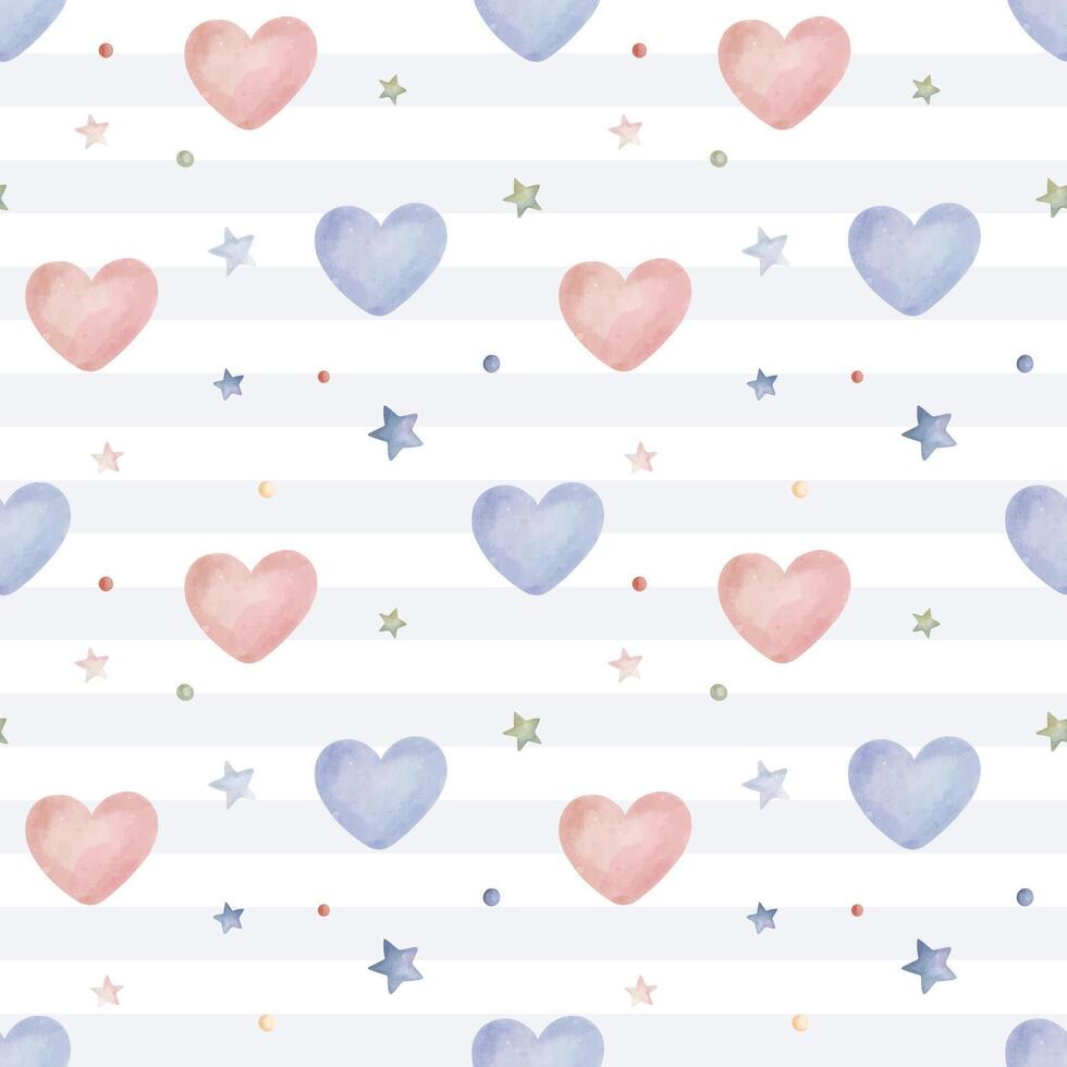naadloos patroon met waterverf harten en sterren. schattig kinderachtig behang. vector achtergrond in pastel kleuren
