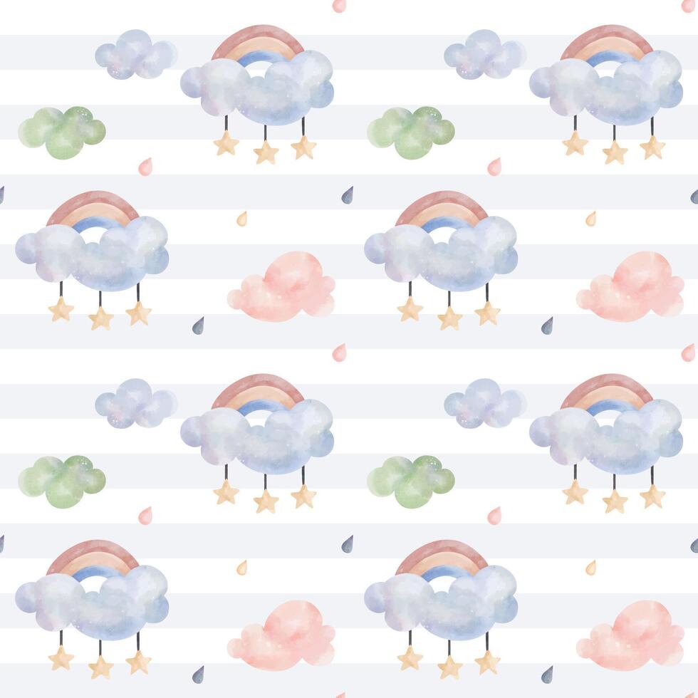 schattig kinderachtig behang. naadloos patroon met regenboog en wolken. waterverf achtergrond in pastel kleuren vector