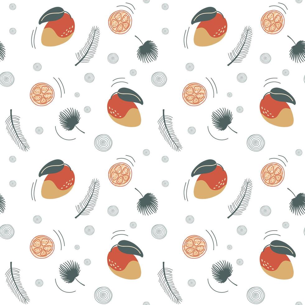 naadloos achtergrond met mango en oranje. schattig gemakkelijk patroon met tropisch tekening vruchten. vector