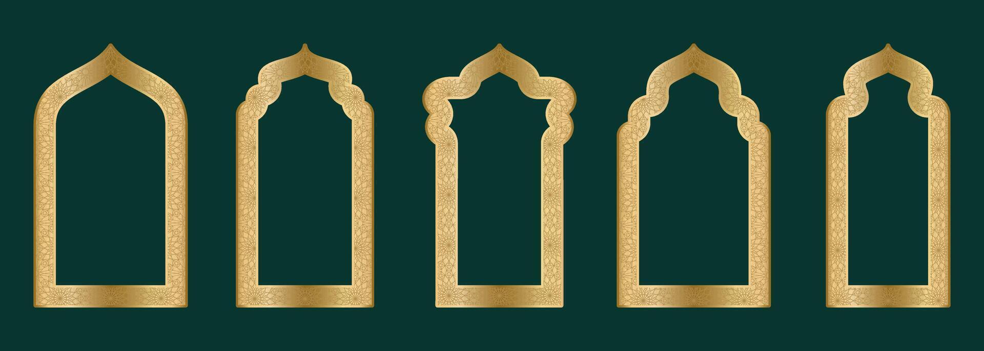 goud sier- boog kader vorm Islamitisch deur of venster met meetkundig girikh patroon, silhouet Arabisch boog. luxe reeks in oosters stijl. kaders in Arabisch moslim ontwerp voor Ramadan kareem. vector