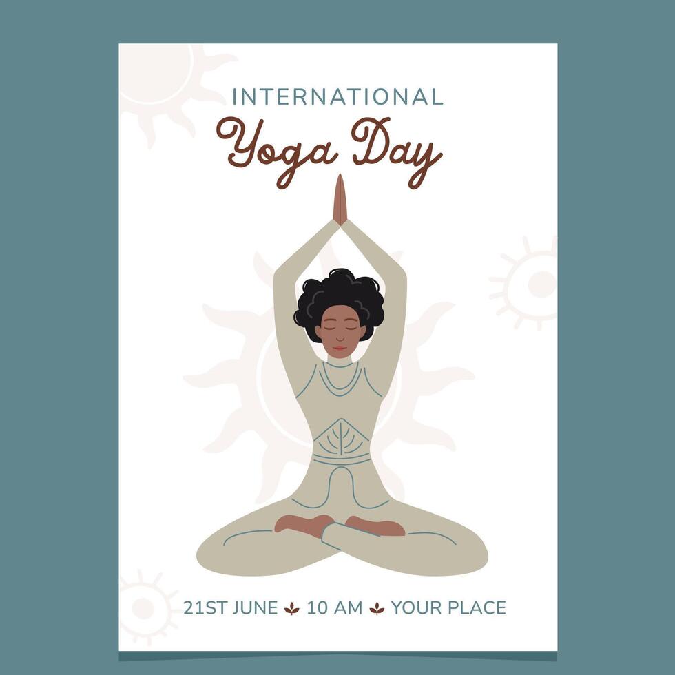 Internationale yoga dag folder poster sjabloon met Afrikaanse Amerikaans vrouw vector