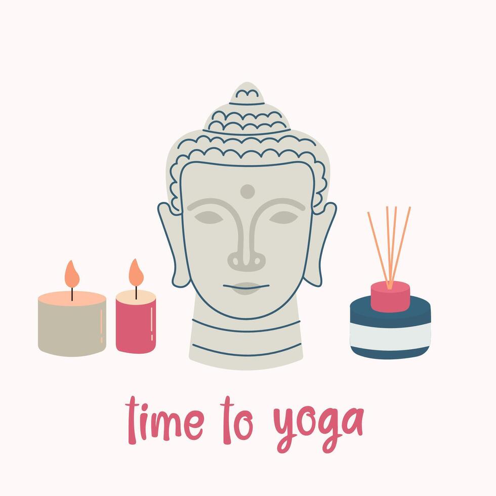 illustratie van yoga elementen met een Boeddha beeldje. tijd naar yoga vector