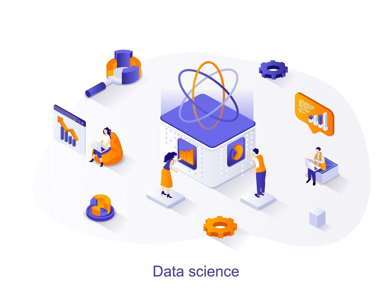 data science isometrische webconcept. mensen die met datum op database werken, gegevens en financiële statistieken analyseren, informatiescène verwerken. vectorillustratie voor websitesjabloon in 3D-ontwerp vector