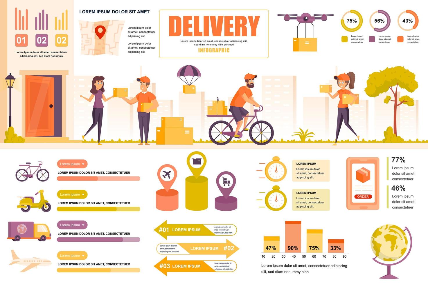 leveringsconcept banner met infographic elementen. koerier die pakketten levert, wereldwijde logistiek, snelle verzending. postersjabloon met grafische datavisualisatie, tijdlijn, workflow. vector illustratie