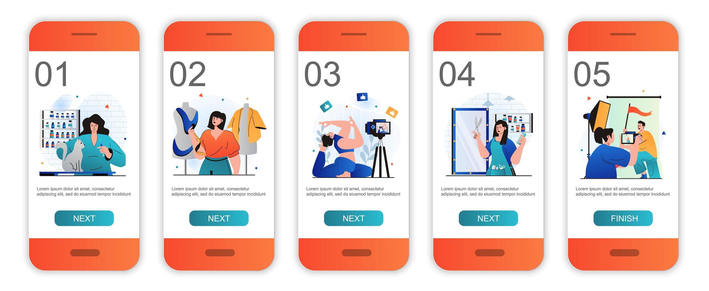 onboarding-schermen voor vrouwen die werken voor mobiele app-sjablonen. vrouwelijke verschillende beroepen. moderne ui, ux, gui-schermen gebruikersinterfacekit met mensenscènes voor webdesign. vector illustratie