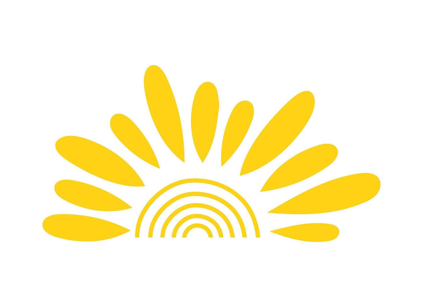 gemakkelijk geel voor de helft zon hand getekend vector vlak illustratie met halve cirkel vorm in midden, schattig zomer zonsondergang, dageraad beeld voor logo, kaarten, decor, vakantie concept, vakantie, zomertijd kinderen ontwerp