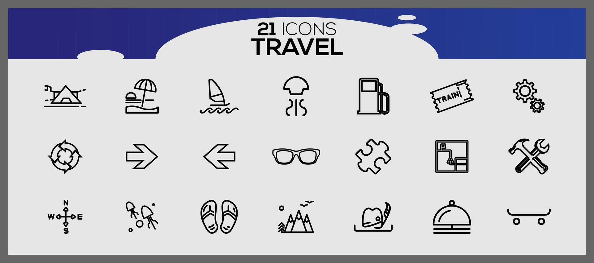pictogrammen reeks over reizen elementen. vakantie en reis, zomer vakantie reis icoon set. vector