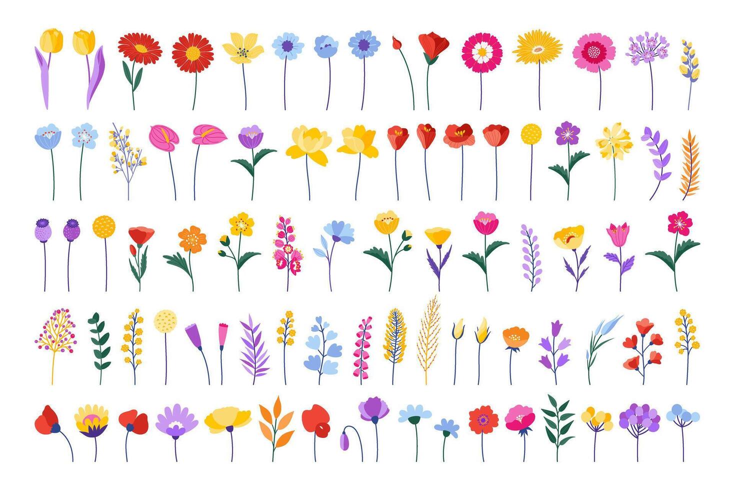 kleurrijk bloemen set. bloesem bloem, wilde bloemen in vlak ontwerp stijl. voorjaar en zomer weide planten, vector illustratie