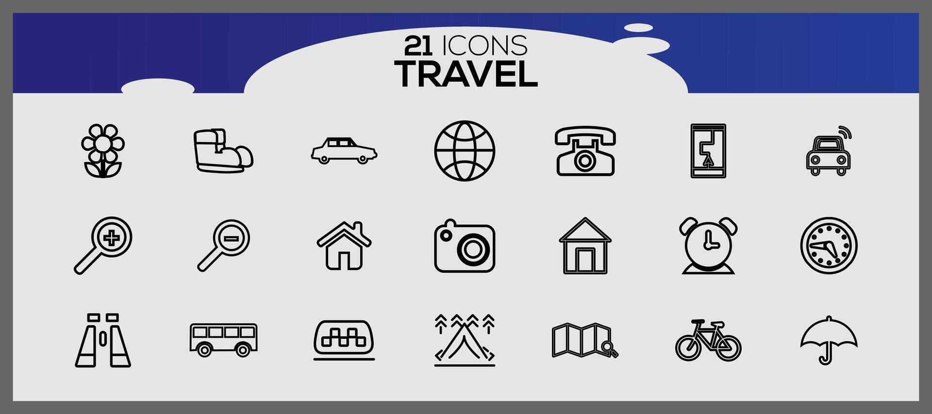 pictogrammen reeks over reizen elementen. vakantie en reis, zomer vakantie reis icoon set. vector