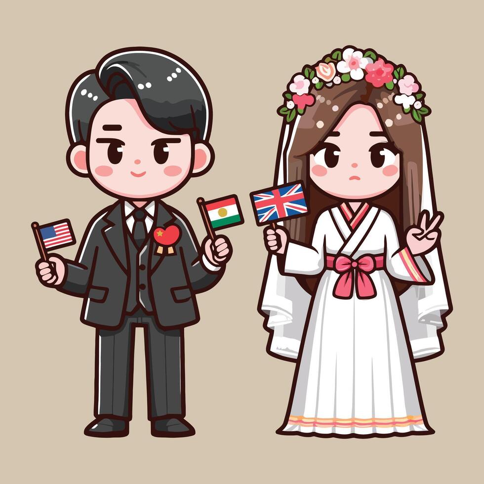bruiloft paar Holding vlaggen van hun landen. vector illustratie. bruiloft, paar en verhouding concept.