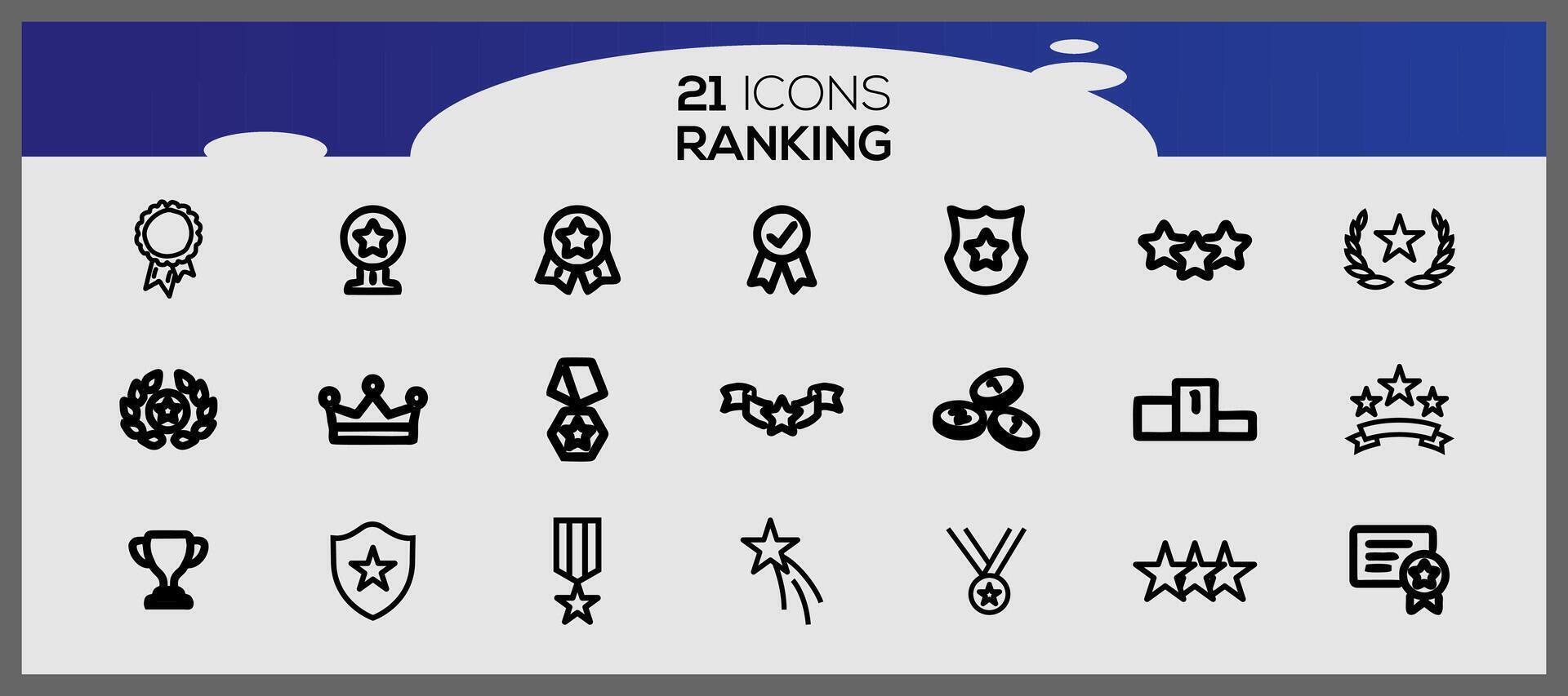 ranking icoon set. niveau omhoog etiket verzameling set. trofee pictogrammen verzameling. vector