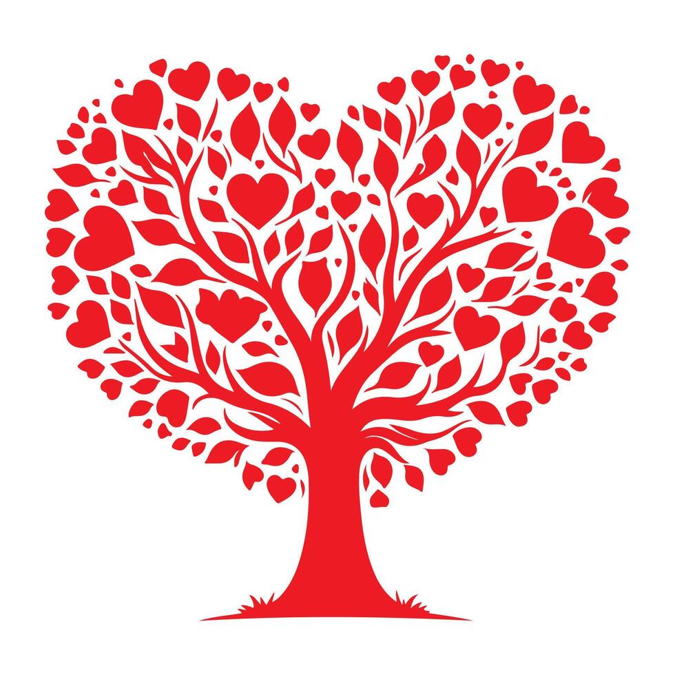 rood liefde boom met hart bladeren. hand- trek Valentijn dag boom silhouet klem kunst geïsoleerd Aan wit achtergrond, vector illustratie