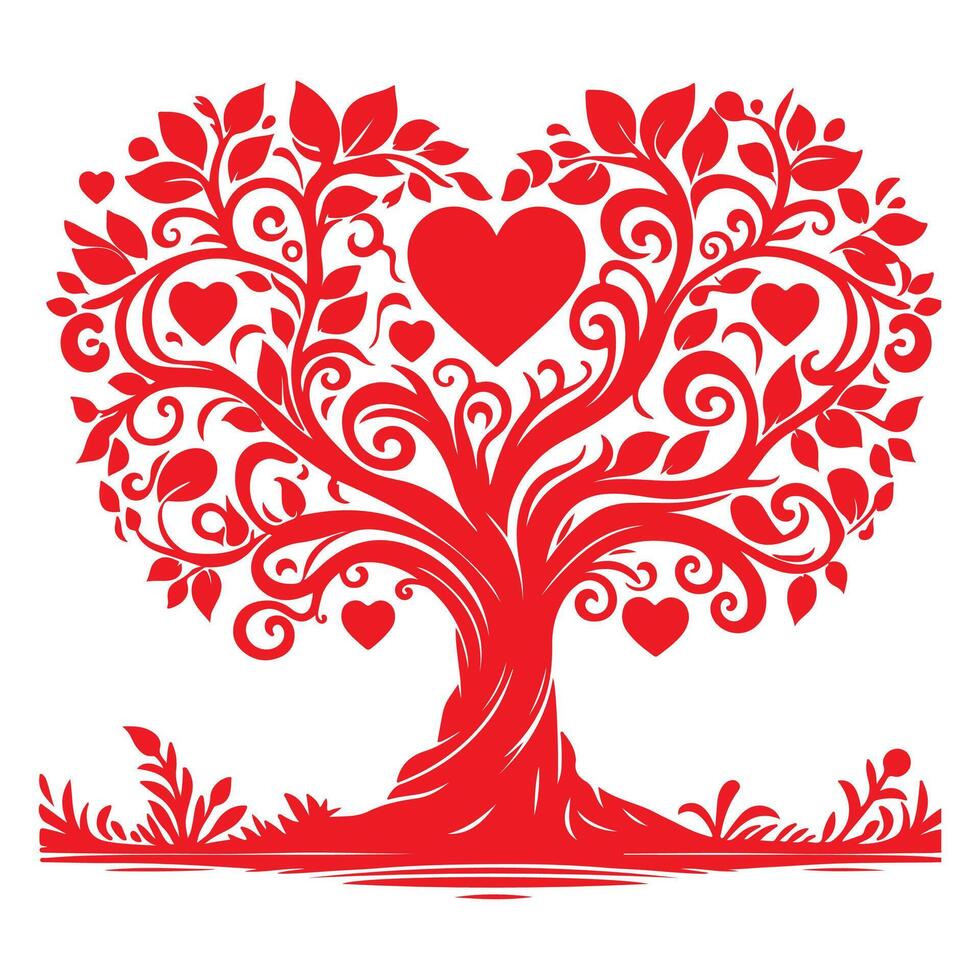 rood liefde boom met hart bladeren. hand- trek Valentijn dag boom silhouet klem kunst geïsoleerd Aan wit achtergrond, vector illustratie