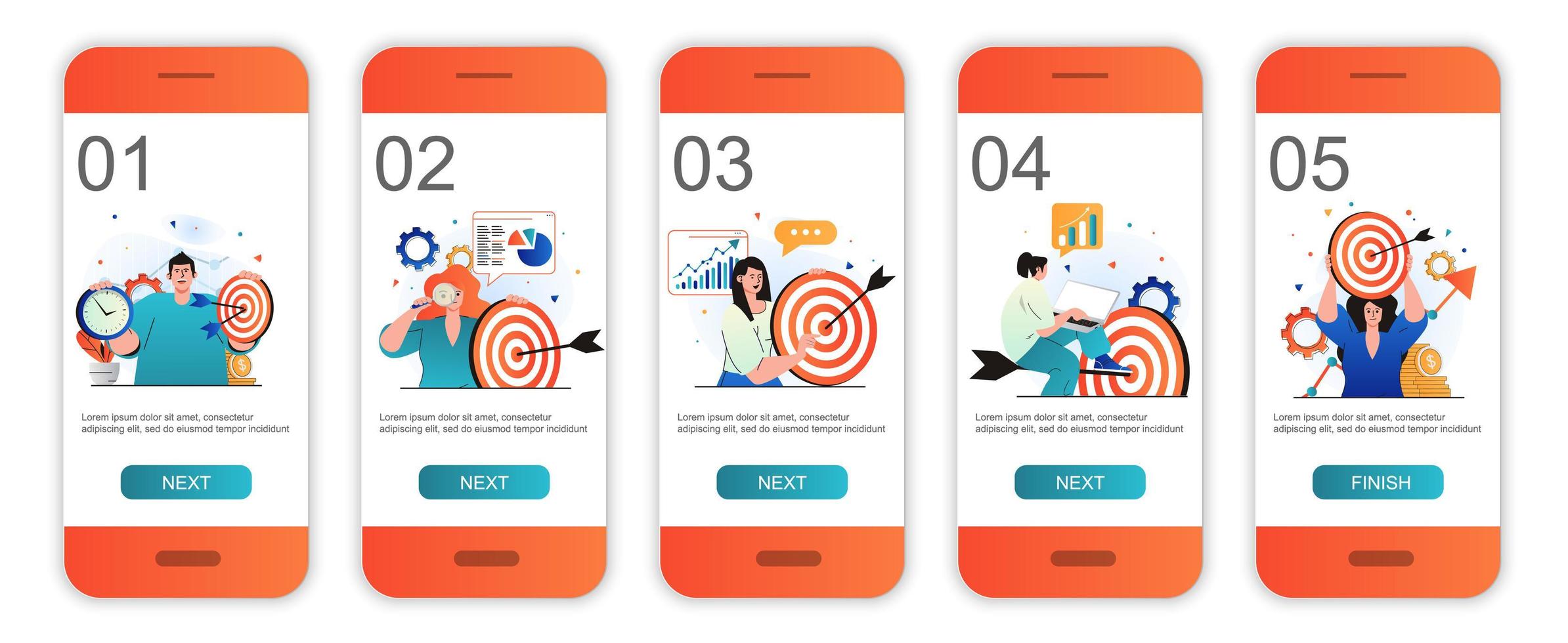 onboarding-schermen voor bedrijfsdoelconcepten voor sjablonen voor mobiele apps. targeting, marketingsucces. moderne ui, ux, gui-schermen gebruikersinterfacekit met mensenscènes voor webdesign. vector illustratie