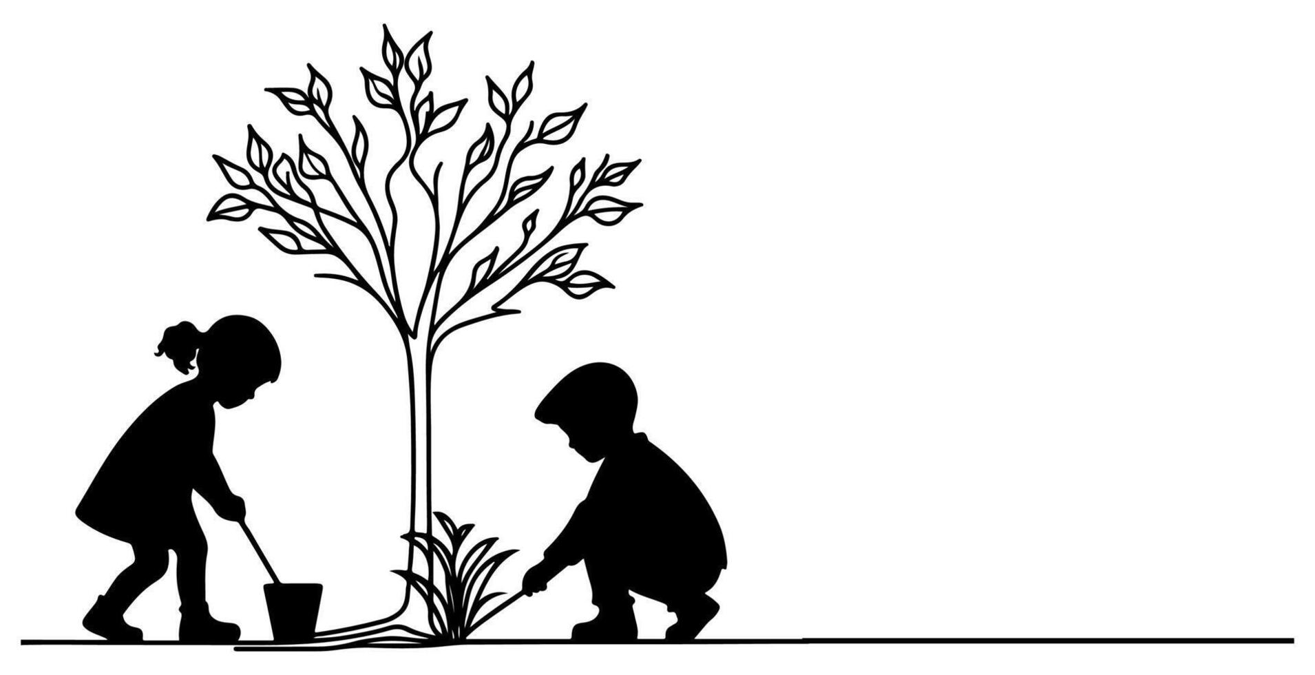 doorlopend een zwart lijn kunst tekening silhouet van kinderen aanplant boom. Schep opgravingen wortels fabriek in grond naar opslaan de wereld en aarde dag verminderen globaal opwarming groei vector