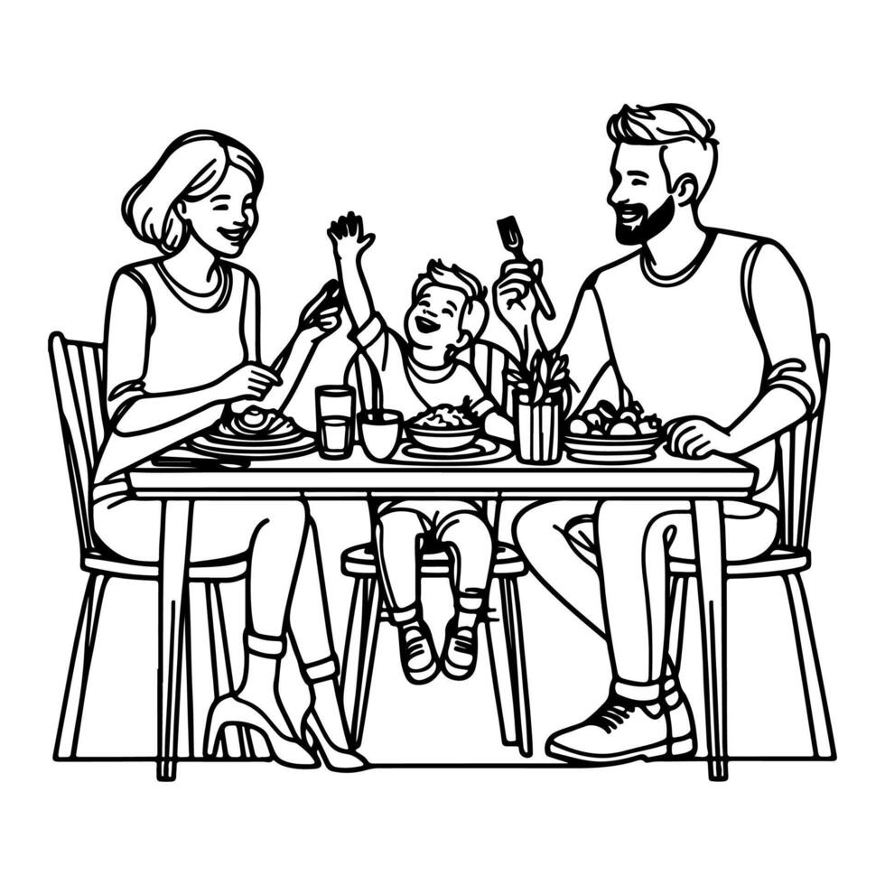 doorlopend een zwart lijn kunst tekening gelukkig familie vader en moeder met kind. hebben avondeten zittend Bij tafel doodles stijl vector illustratie Aan wit achtergrond