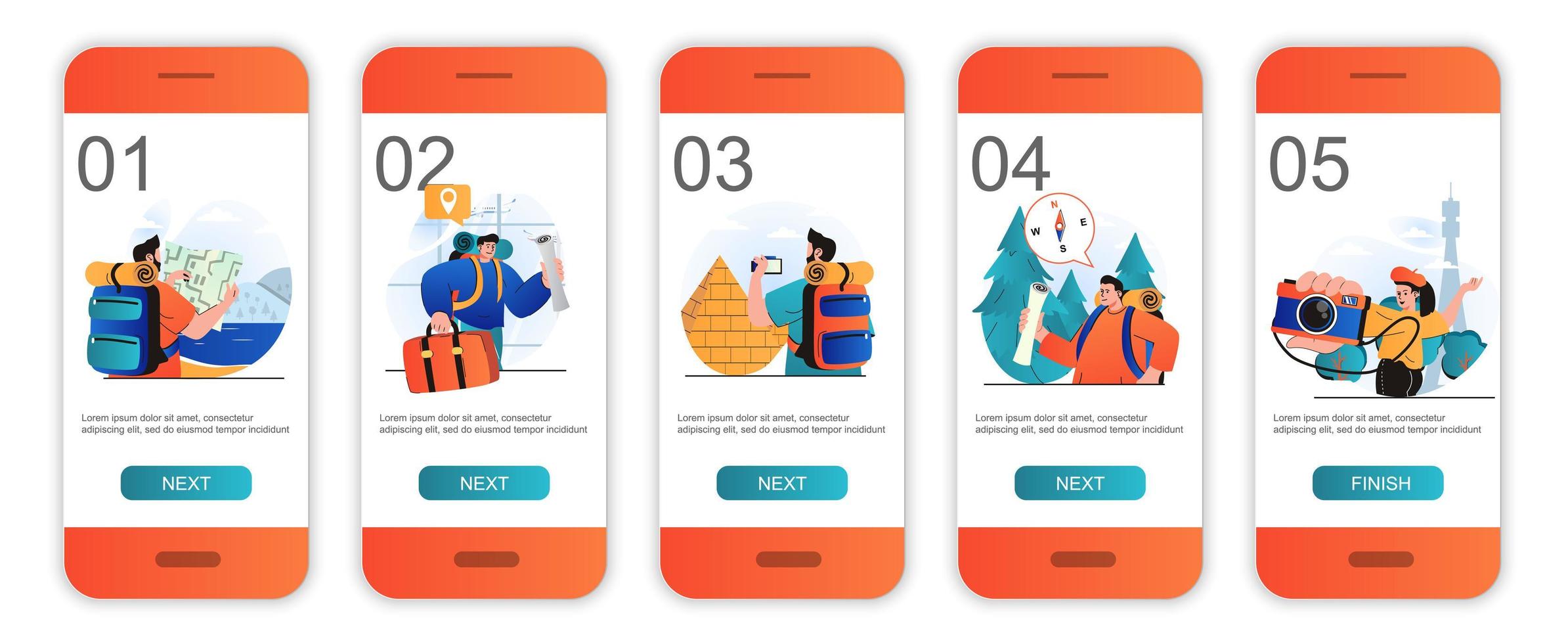 onboarding-schermen voor reizende concepten voor sjablonen voor mobiele apps. toeristen gaan wereldwijde reis. moderne ui, ux, gui-schermen gebruikersinterfacekit met mensenscènes voor webdesign. vector illustratie