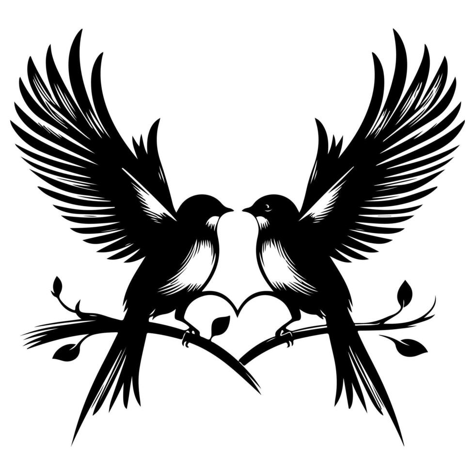 vogelstand vlieg naar maken een hart vorm van liefde. hand- tekening geboorte silhouet zwart schets kunst geïsoleerd Aan wit achtergrond, vector illustratie