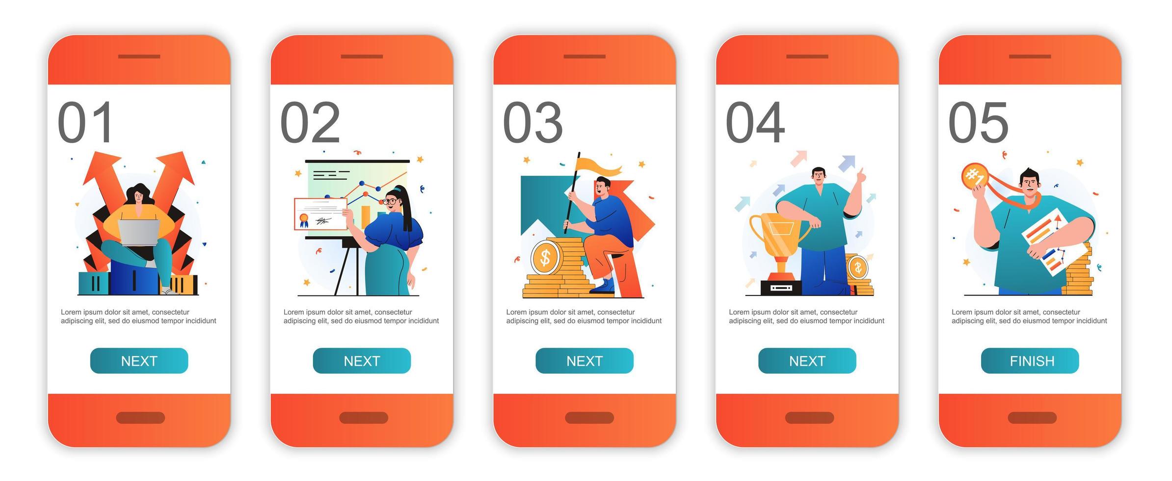 onboarding-schermen voor bedrijfsprijsconcepten voor sjablonen voor mobiele apps. succes en het bereiken van doelen. moderne ui, ux, gui-schermen gebruikersinterfacekit met mensenscènes voor webdesign. vector illustratie