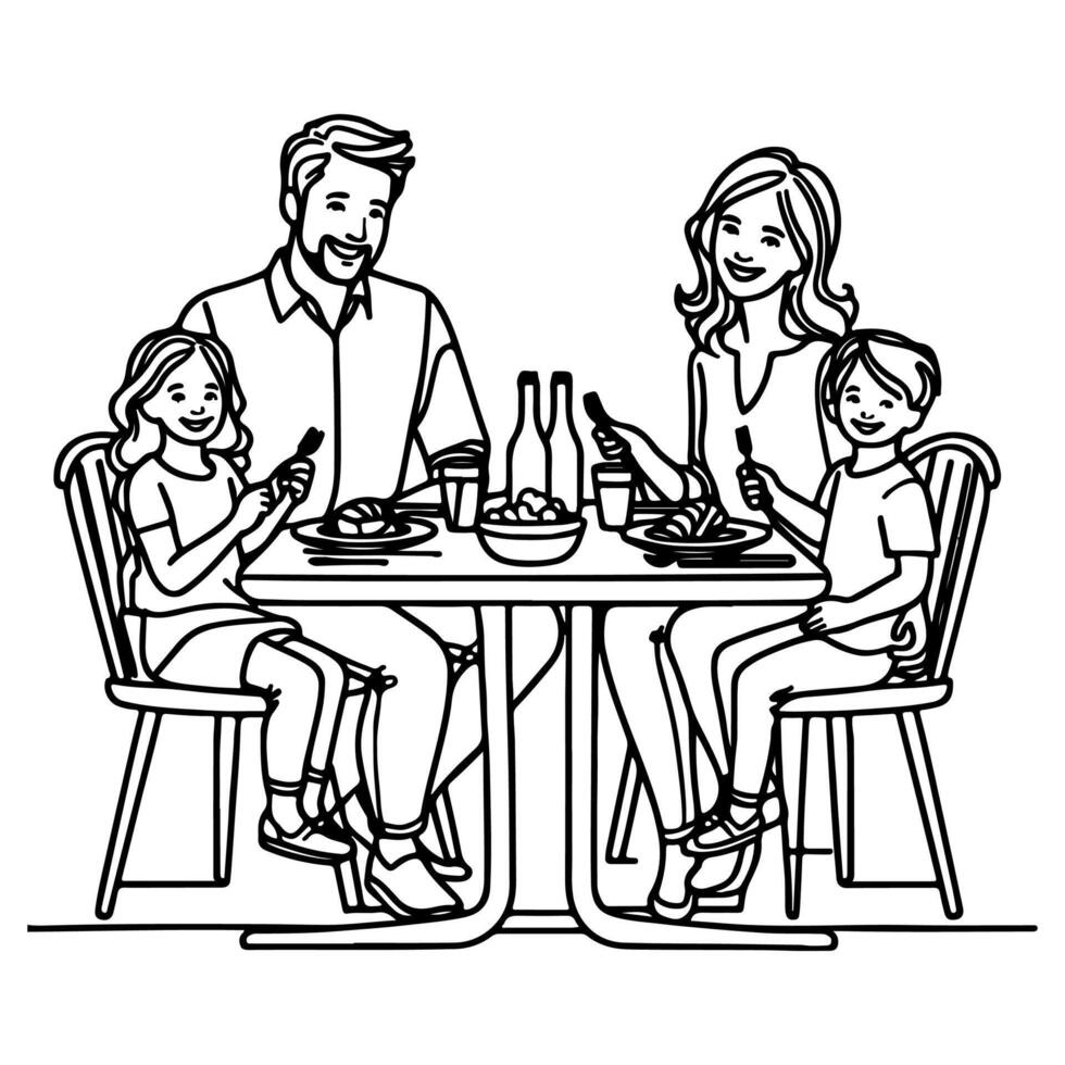 doorlopend een zwart lijn kunst tekening gelukkig familie vader en moeder met kind. hebben avondeten zittend Bij tafel doodles stijl vector illustratie Aan wit achtergrond