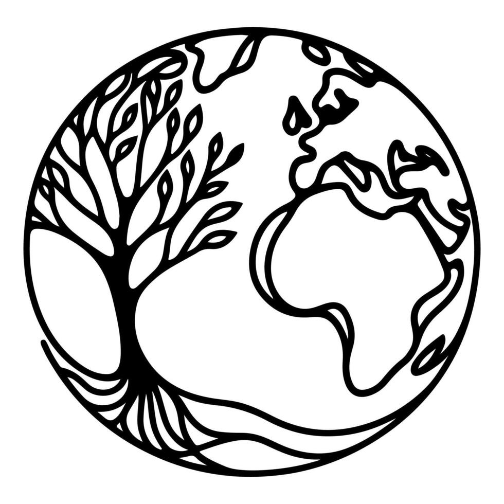 eco aarde planeet icoon tekening zwart cirkel van wereldbol wereld milieu dag hand- trek schets aarde dag naar verminderen globaal opwarming groei concept vector illustratie