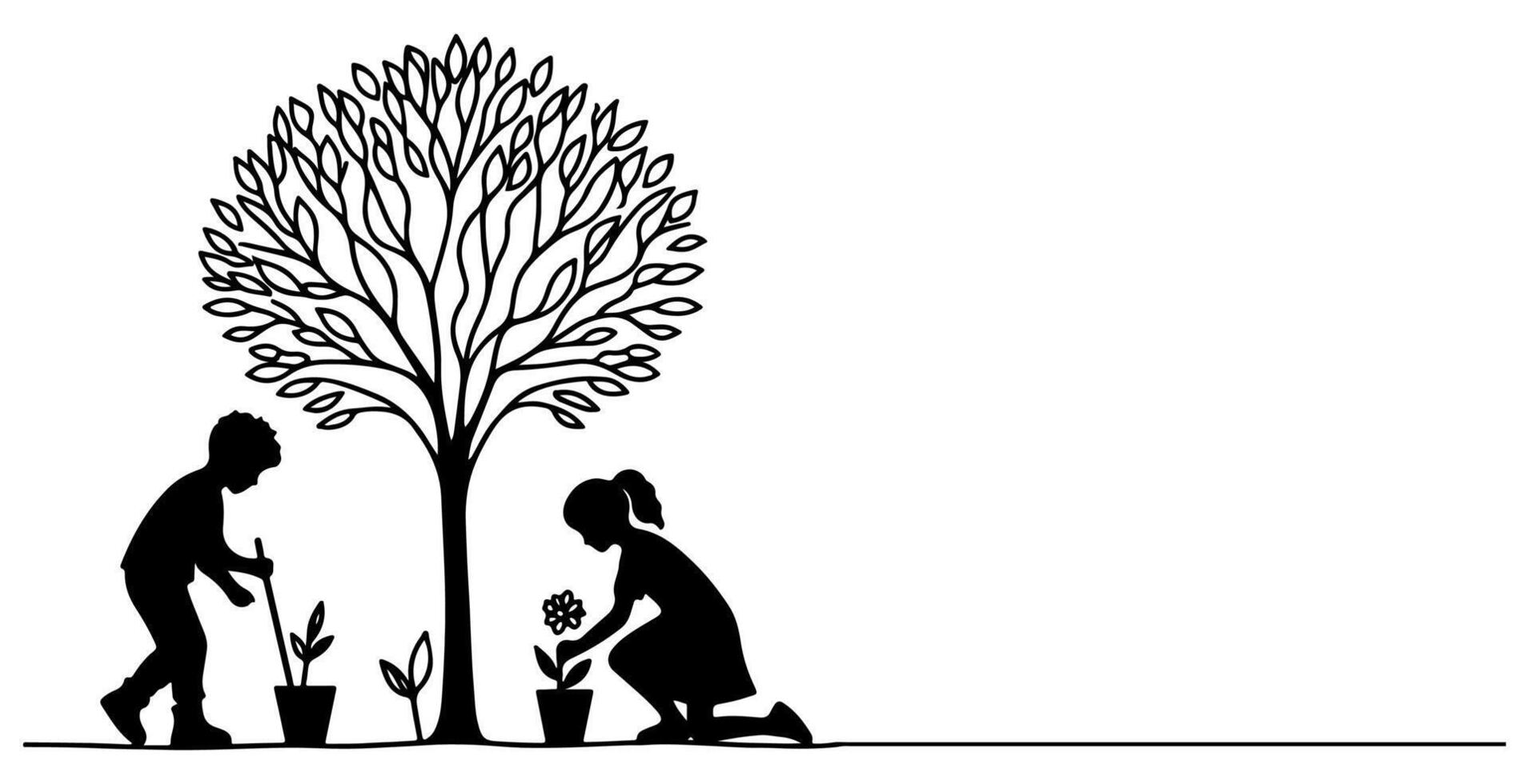 doorlopend een zwart lijn kunst tekening silhouet van kinderen aanplant boom. Schep opgravingen wortels fabriek in grond naar opslaan de wereld en aarde dag verminderen globaal opwarming groei vector