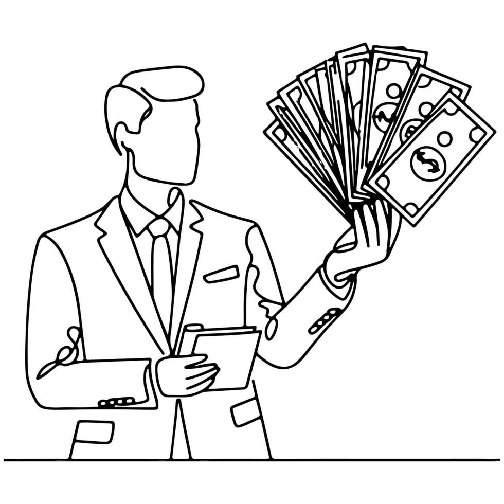 doorlopend een lijn zakenman weergeven een verspreiding van ons dollar contant geld, Holding geld naar tonen tekening vector illustratie Aan wit achtergrond