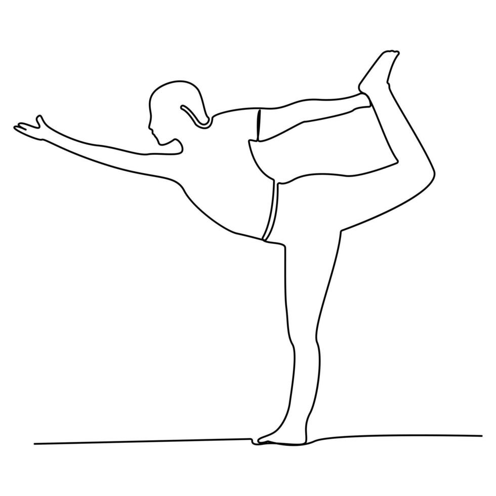 doorlopend een lijn tekening in yoga houding oefening minimalistische ontwerp vector kunst en illustratie