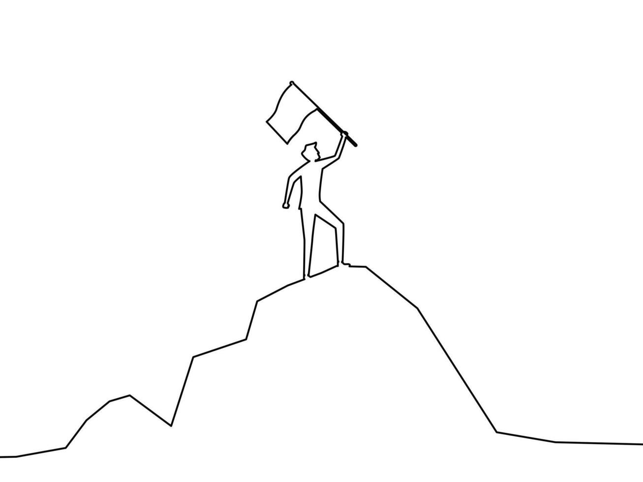 zelfverzekerd persoon staand met een vlag Aan de top van een berg vector