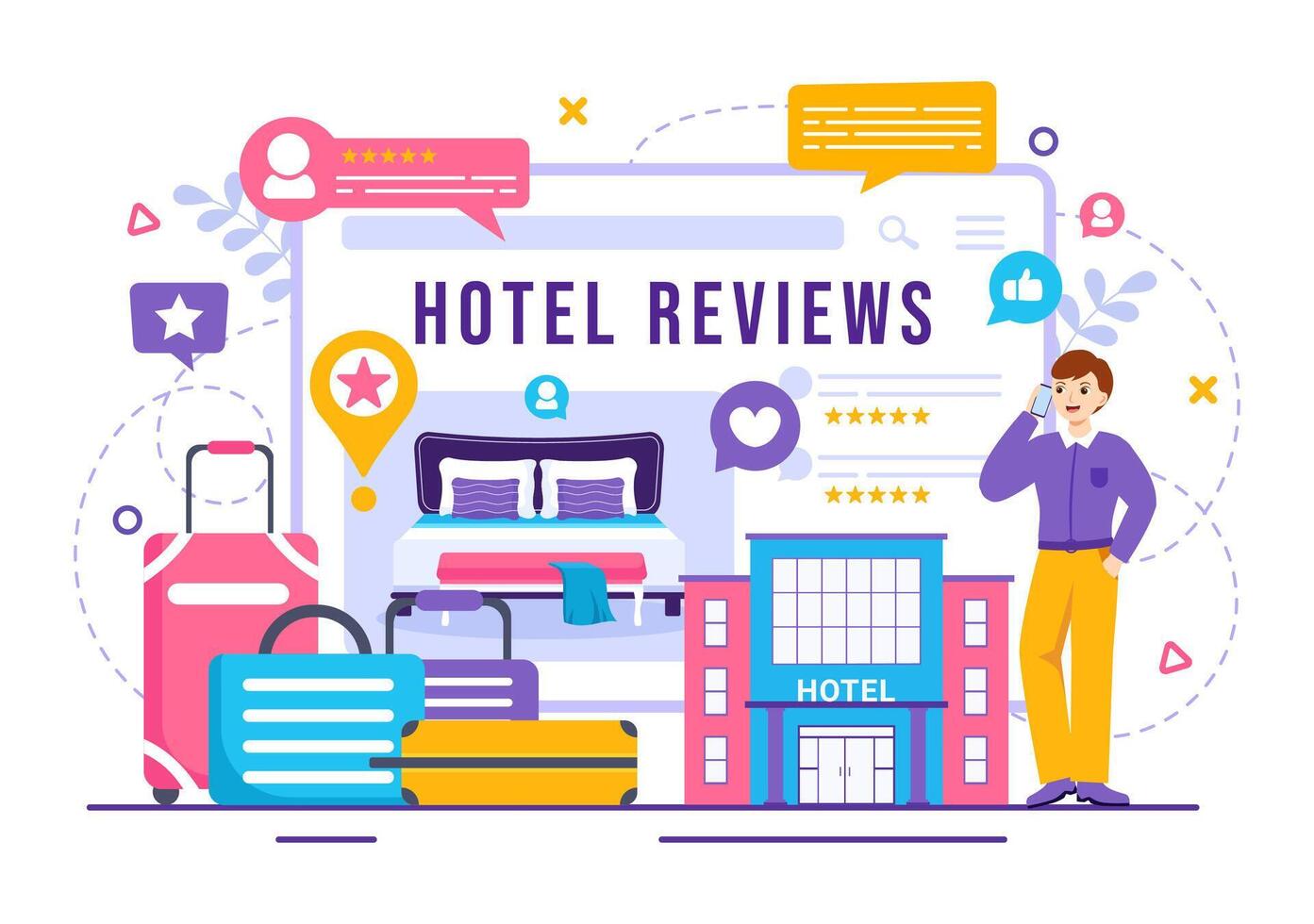 hotel beoordelingen vector illustratie met beoordeling onderhoud, gebruiker tevredenheid naar beoordeeld klant, Product of ervaring in vlak tekenfilm achtergrond