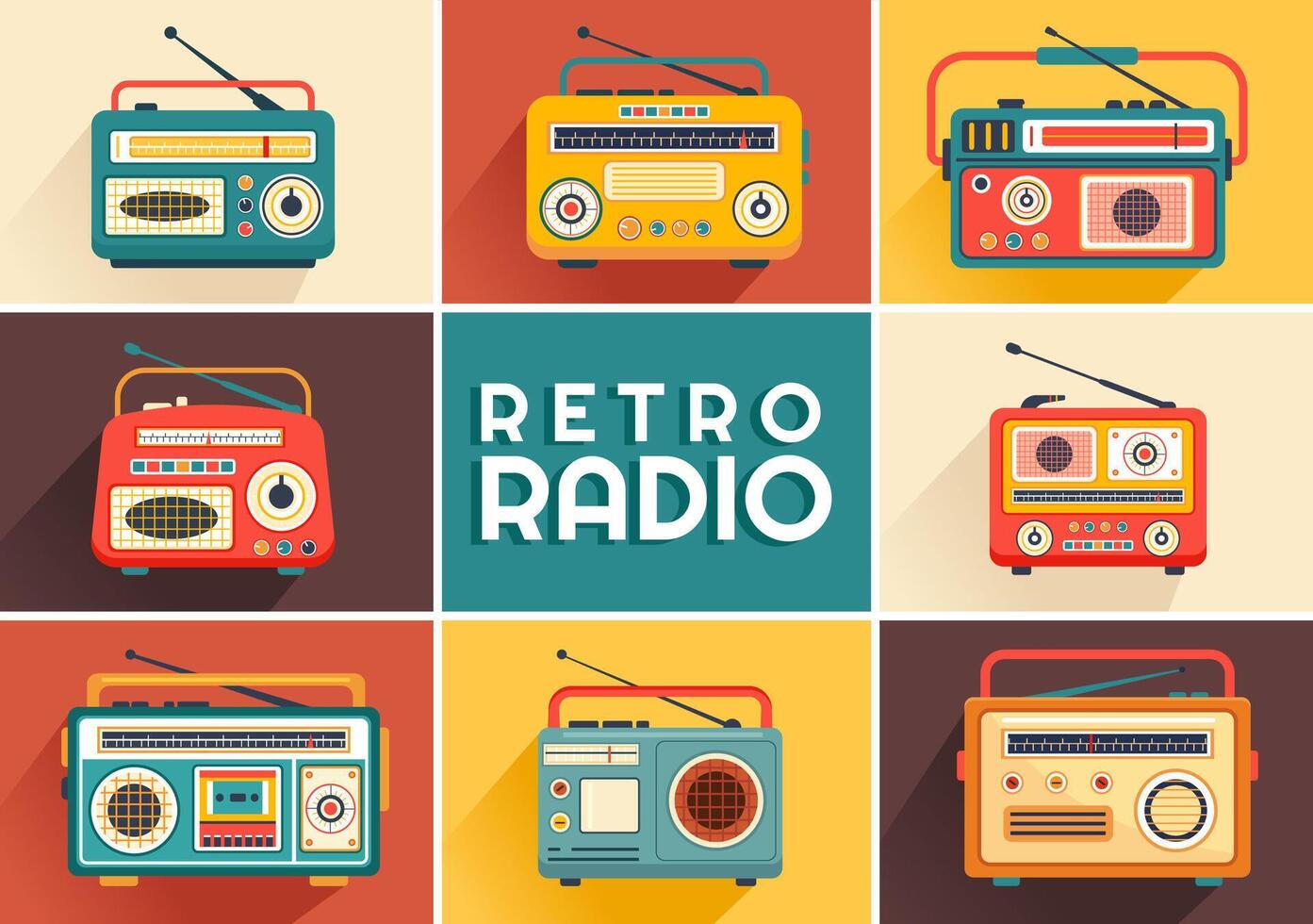 retro radio vector illustratie met speler stijl voor dossier, oud ontvanger, Sollicitatiegesprekken beroemdheid en luisteren naar muziek- in vlak tekenfilm achtergrond
