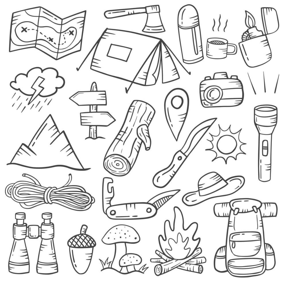 camping concept doodle handgetekende set collecties met overzicht zwart-wit stijl vector