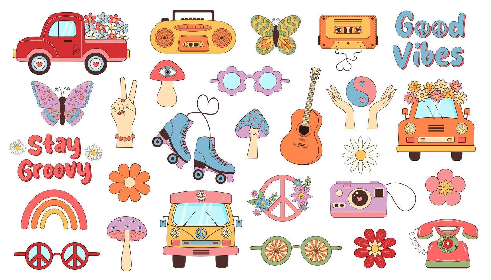 retro groovy hippie set. jaren 60, 70 wijnoogst psychedelisch clip art. tekenfilm grappig boho stickers. vector