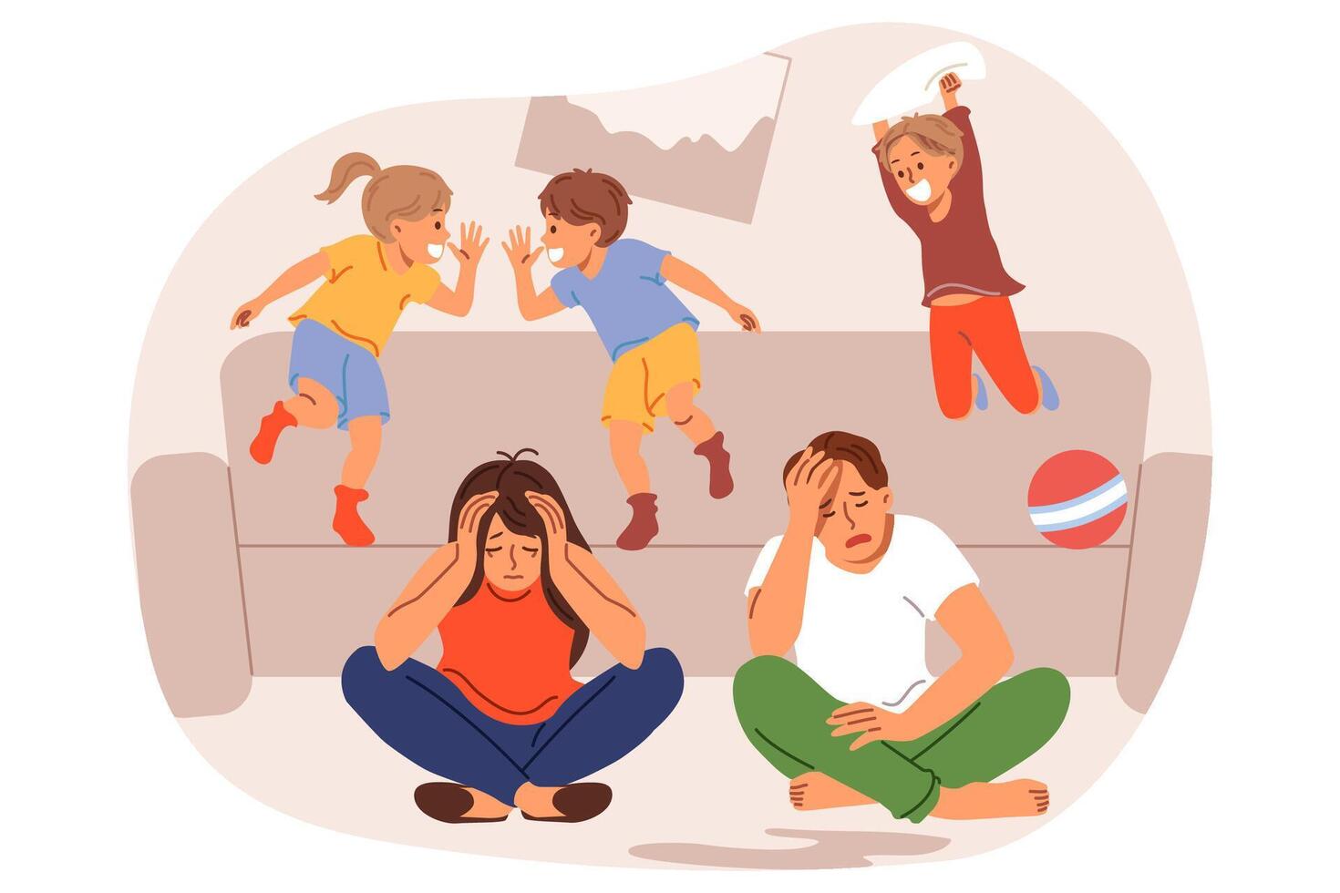 gefrustreerd ouders voelen moe en ontbrekend energie ten gevolge naar hyperactief kinderen jumping Aan sofa en het werpen dingen in de omgeving van. ondeugend kinderen hebben plezier, veroorzaken ongemak naar uitgeput mam en vader vector