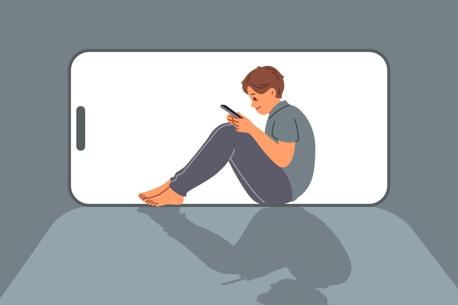 jongen lijdt van digitaal verslaving en oncontroleerbaar toepassingen mobiel telefoon naar babbelen Aan sociaal netwerken. kind met cyber verslaving dromen van worden blogger zo kan werk door telefoon. vector