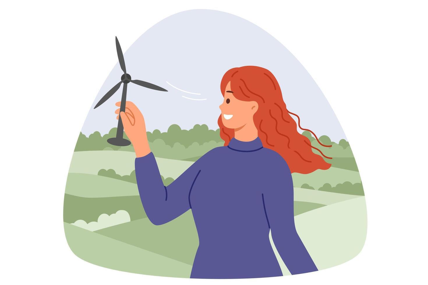 wind turbine in handen van vrouw met glimlach staand in natuur, en ontwikkelen alternatief en regeneratief energie. meisje installeert miniatuur wind turbine naar genereren elektriciteit van hernieuwbaar bronnen. vector