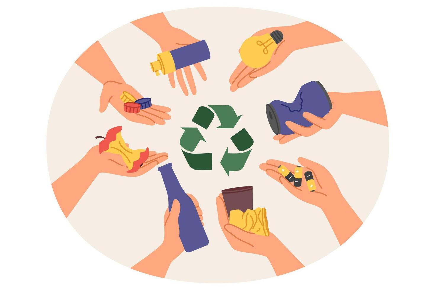 symbool van scheiding en recycling van vuilnis tussen handen van mensen met divers menselijk afval. concept van onzin scheiding naar verminderen koolstof voetafdruk veroorzaakt door verspilling verbranding planten vector