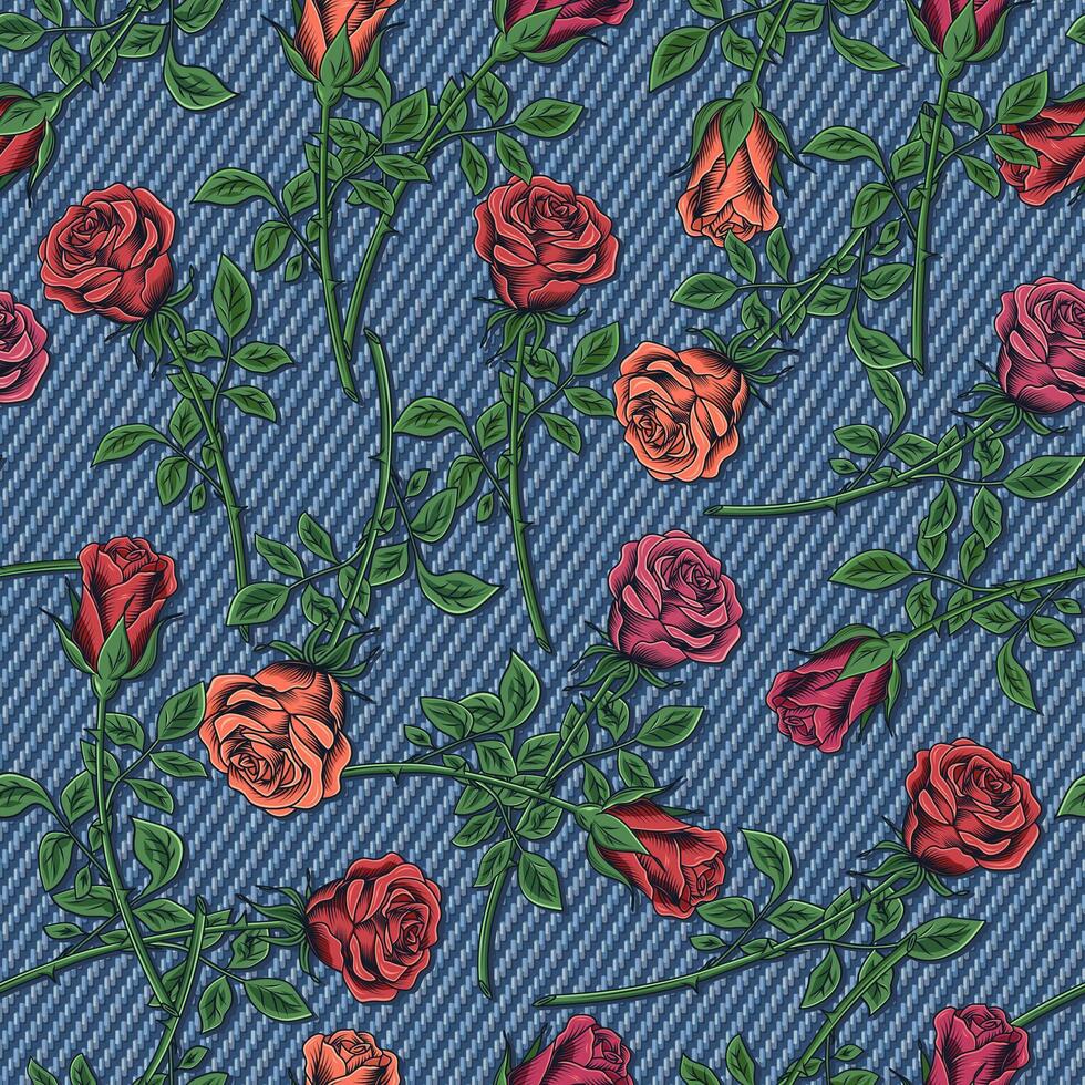 denim bloemen naadloos patroon met rozen. weelderig bloeiend rood, oranje bloemen met stang, bladeren Aan blauw jeans textuur. voor afdrukken, kleding, t shirt, oppervlakte ontwerp. wijnoogst stijl. niet ai vector