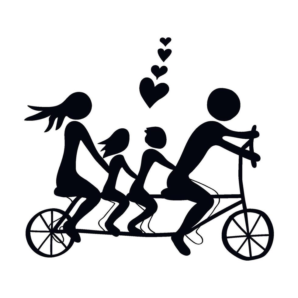 grappig tekenfilm zwart silhouet van een familie rijden een fiets, in kinderen tekening stijl vector