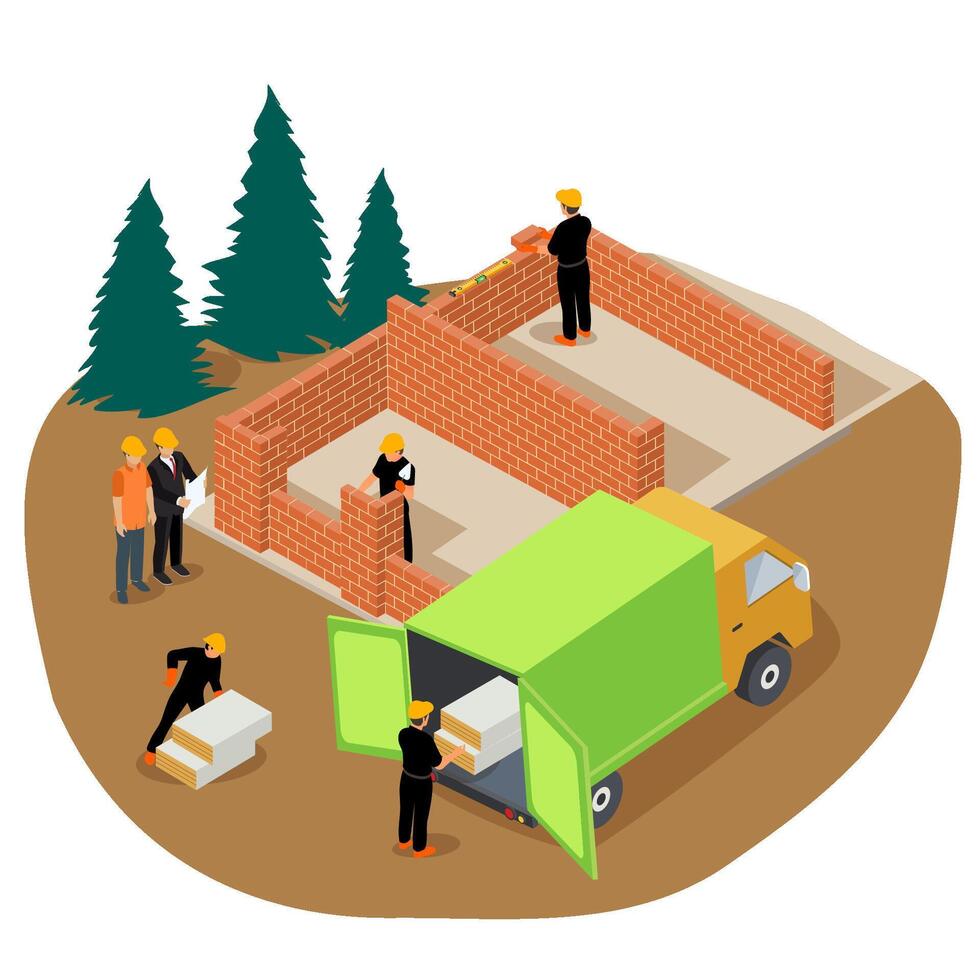 vector isometrische illustratie van arbeiders gebouw een privaat steen huis en lossen isolatie van een vrachtauto